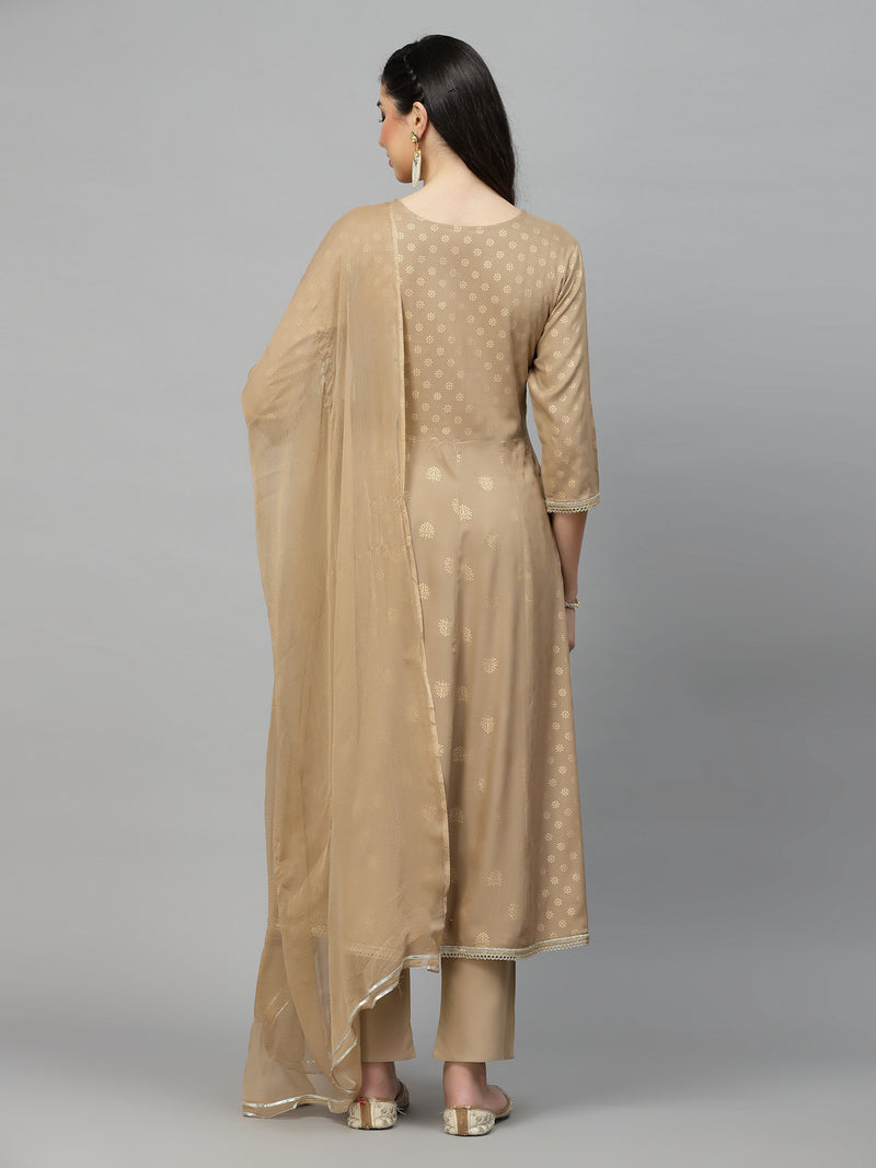 Women's Gold Printed & Embroidered Rayon Kurta Pant Dupatta Set
