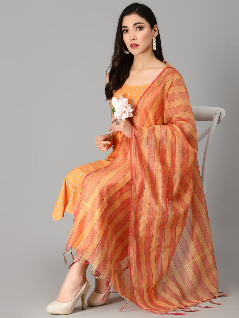 Women's Striped Cotton Blend Straight Kurta Pant Dupatta Set