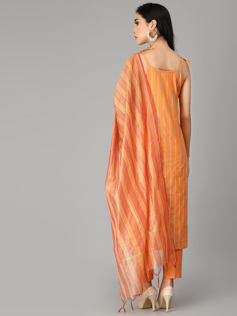 Women's Striped Cotton Blend Straight Kurta Pant Dupatta Set