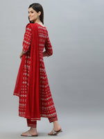 Women's Printed Rayon Embroidered Anarkali Kurta Pant Dupatta Set