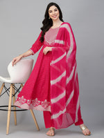 Women's Printed & Embroidered Cotton Anarkali Kurta Pant Dupatta Set