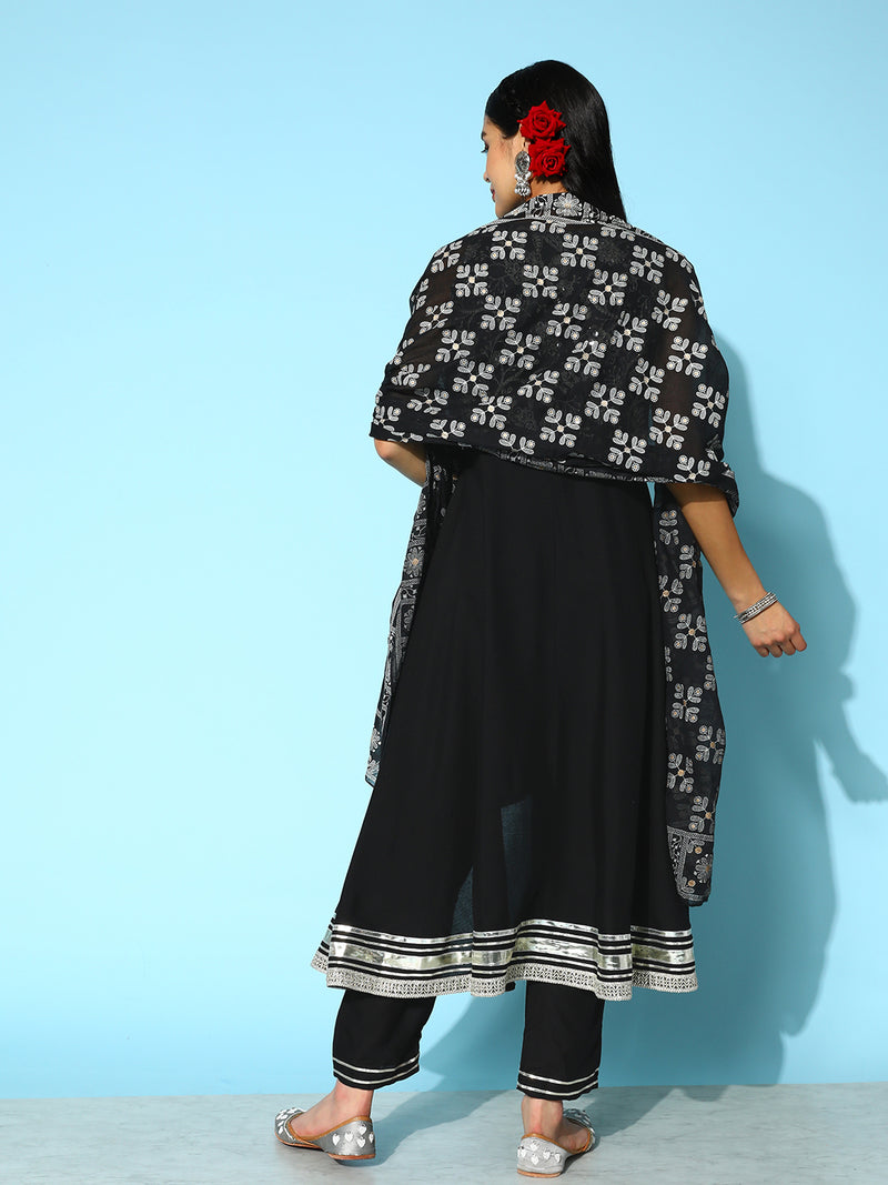 Women's Embroidered Rayon Asymmetrical Kurta Pant Dupatta Set