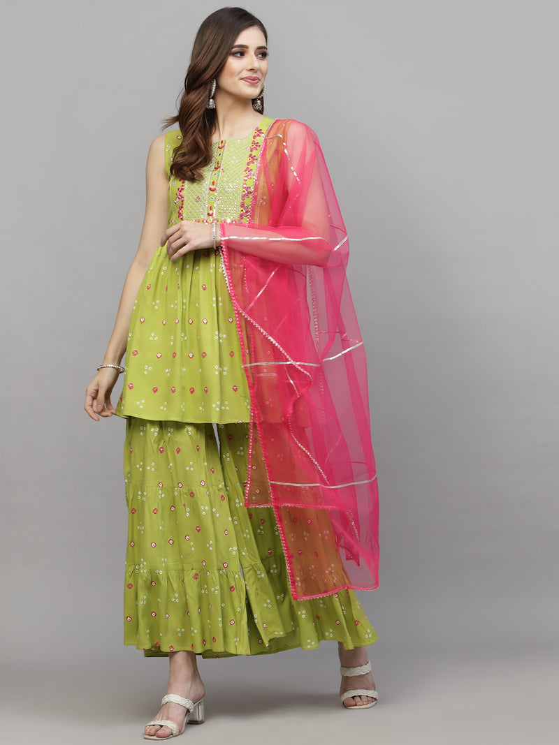 Rose Chinon Silk Crochet Work Printed Kurti Sharara Dupatta Set | Printed  kurti, Beautiful suit, Beautiful dresses