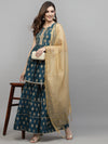 Women's Gold Printed Cotton Kurta Sharara Dupatta Set