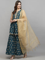Women's Gold Printed Cotton Kurta Sharara Dupatta Set