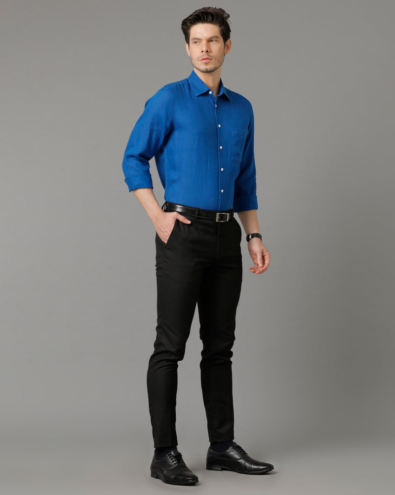 Mens Regular Fit Solid Blue Casual Linen Shirt