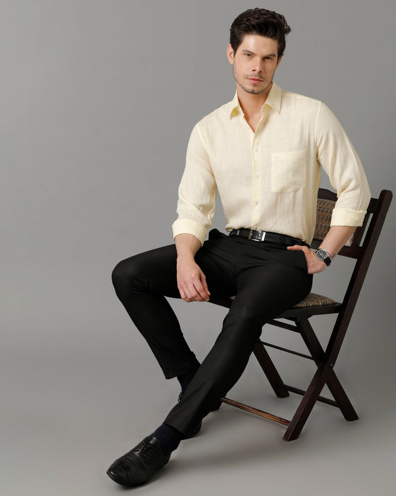 Mens Regular Fit Solid Yellow Casual Linen Shirt
