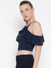 Navy Blue Frilled Cold Shoulder Crop Top