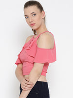 Pink Frilled Cold Shoulder Crop Top