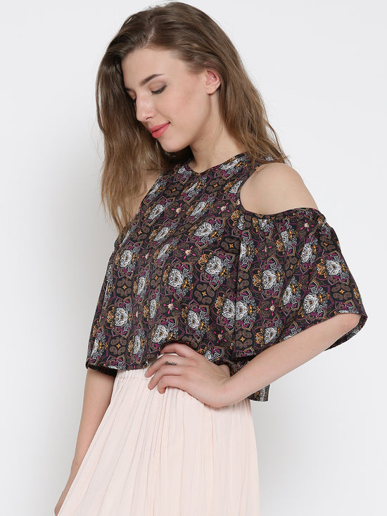 Black Paisley Bell Sleeve Cold Shoulder