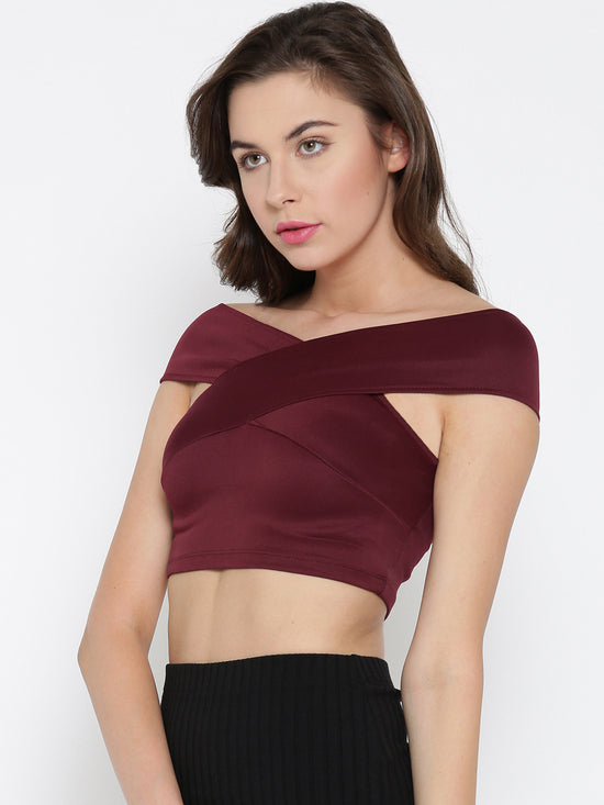 Wine Bandage Bardot Crop Top