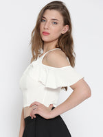 White Frilled Cold Shoulder Crop Top