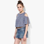 Blue Print Cold Shoulder Slit Sleeve Crop Top