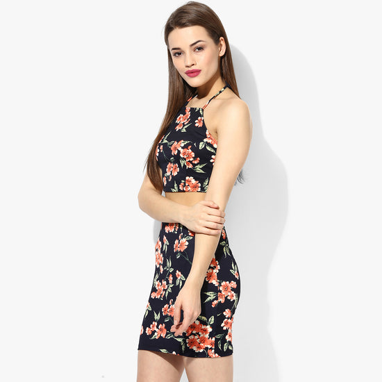 Black Printed Halter Crop Top