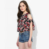 Surreal Floral Print Cold Shoulder Slit Sleeve Crop Top