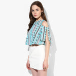 Turquoise Aztec Cold Shoulder Slit Sleeve Crop Top