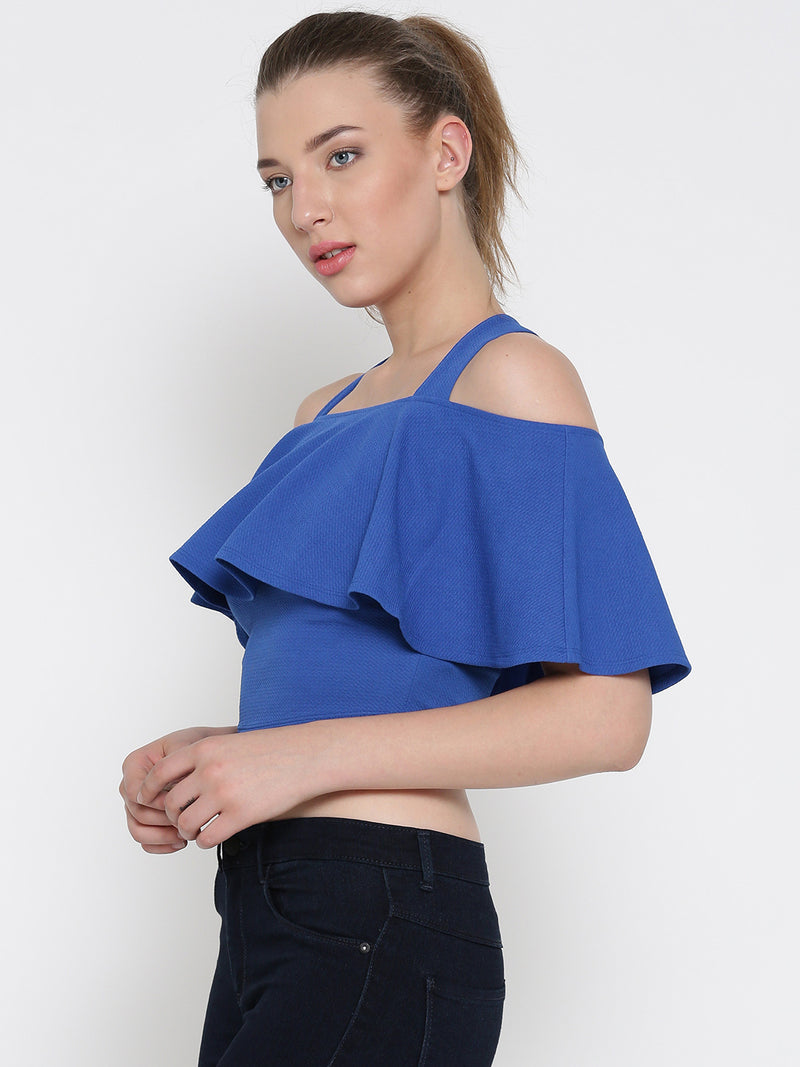 Blue Frilled Strappy Crop Top