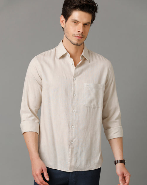 Mens Regular Fit Solid Brown Casual Linen Shirt