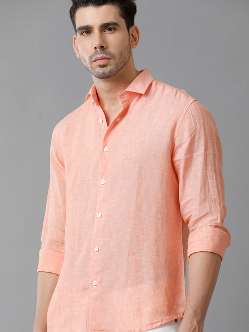 Mens Regular Fit Solid Orange Casual Linen Shirt