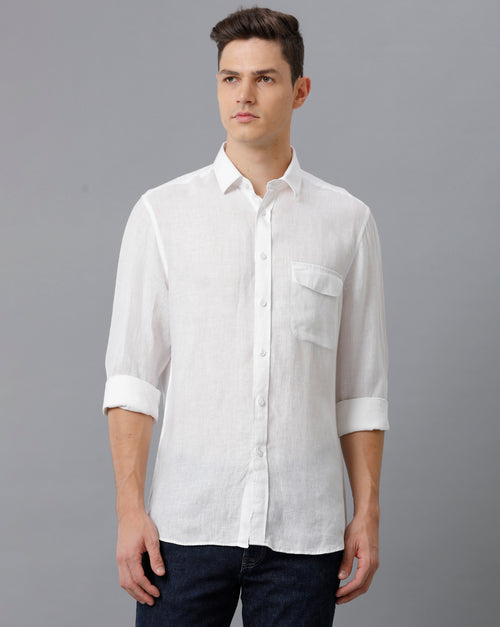 Mens Regular Fit Solid White Casual Linen Shirt