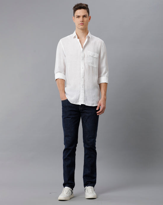 Mens Regular Fit Solid White Casual Linen Shirt