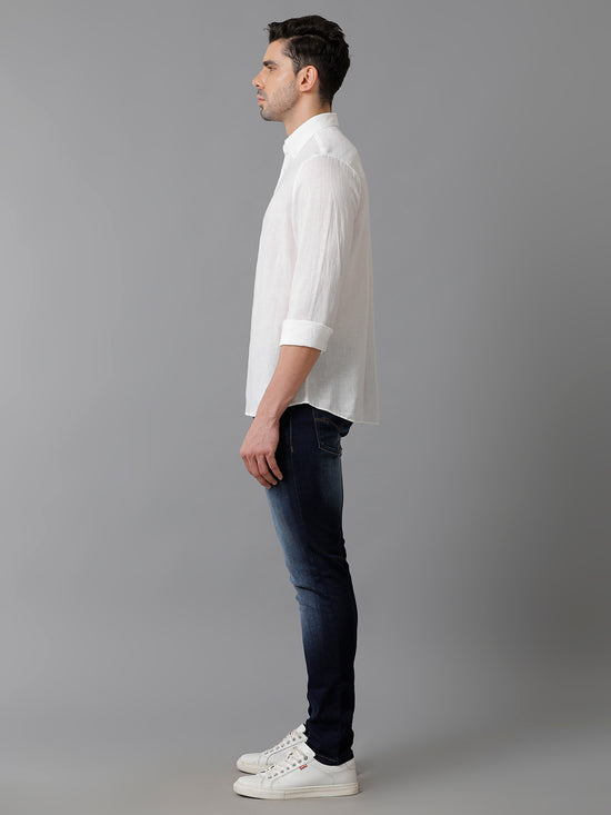 Mens Regular Fit Solid White Casual Linen Shirt