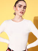 Veni Vidi Vici White Round Neck Full Sleeve Ribbed Top