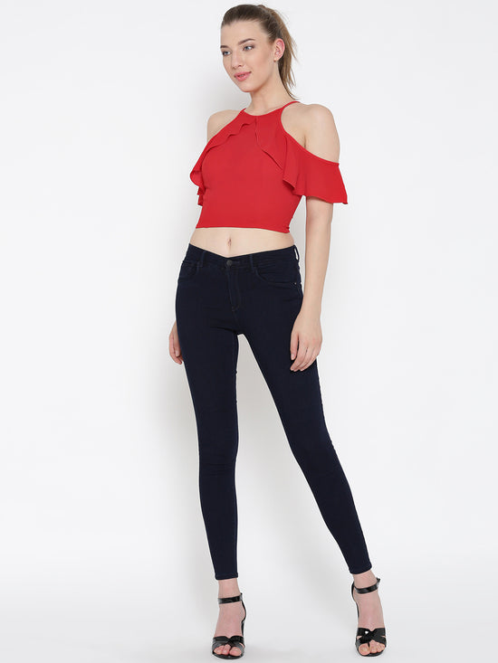 Red Frilled Cold Shoulder Crop Top