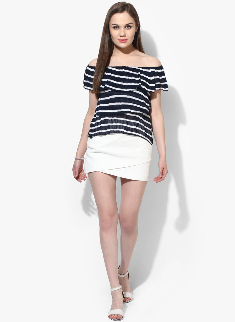 Blue And White Striped Layered Bardot Top