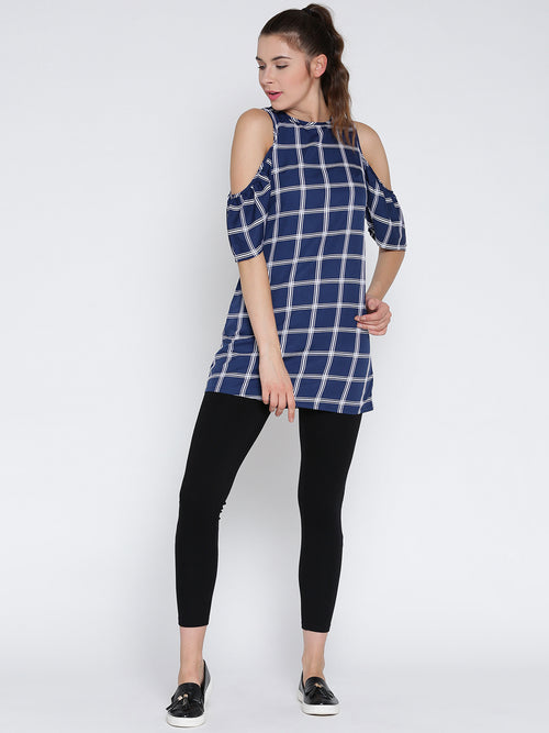 Blue And White Check Cold Shoulder Long