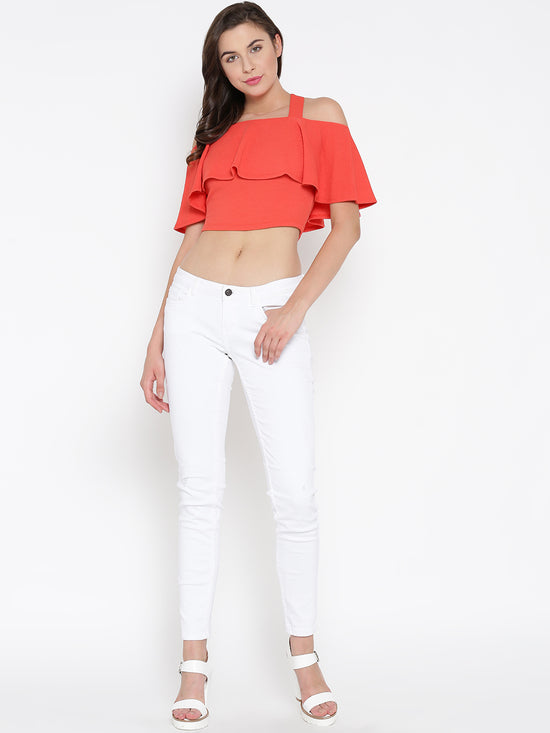 Coral Frilled Strappy Crop Top