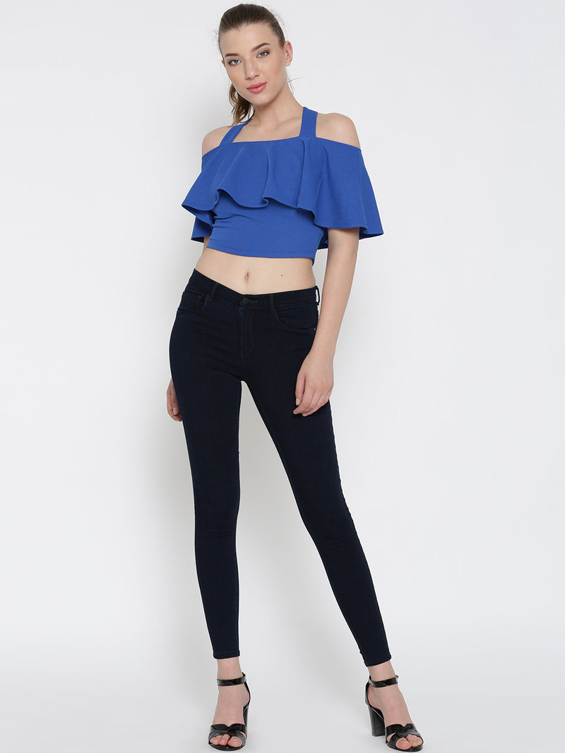 Blue Frilled Strappy Crop Top