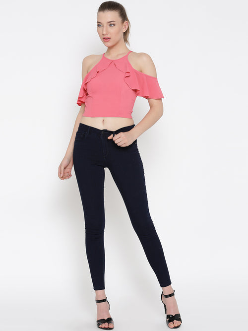 Pink Frilled Cold Shoulder Crop Top