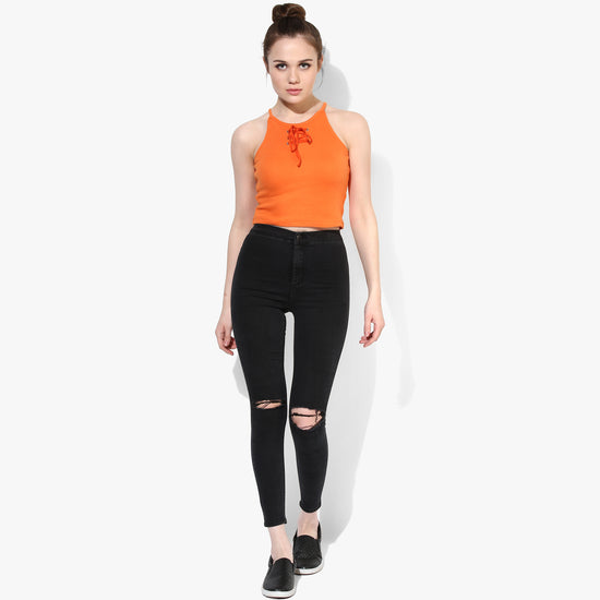 Orange Lace Up Ribbed Crop Top