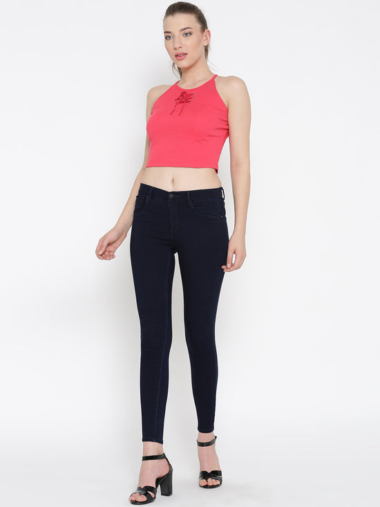 Pink Faux Lace-Up Crop Top