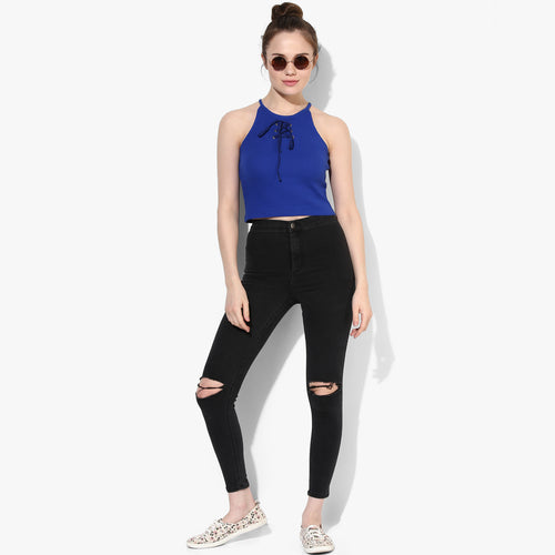 Blue Lace Up Ribbed Crop Top