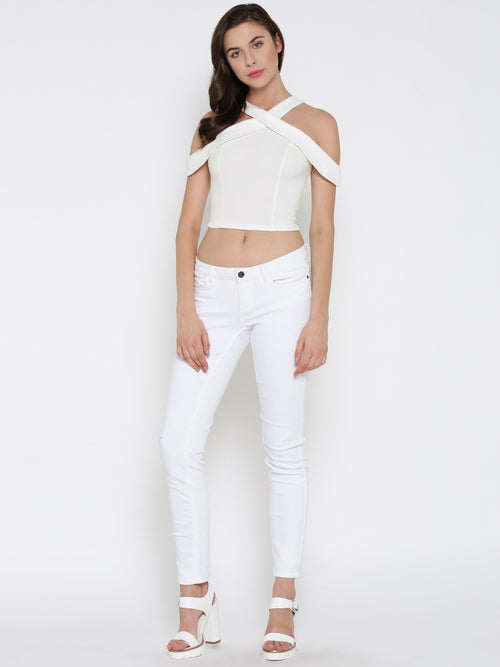 White Bodycon Crossover Cold Shoulder Cr