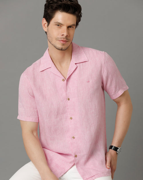 Mens Regular Fit Solid Pink Casual Linen Shirt