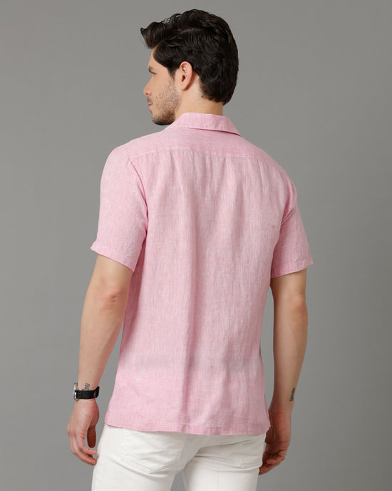 Mens Regular Fit Solid Pink Casual Linen Shirt