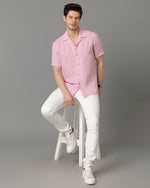 Mens Regular Fit Solid Pink Casual Linen Shirt