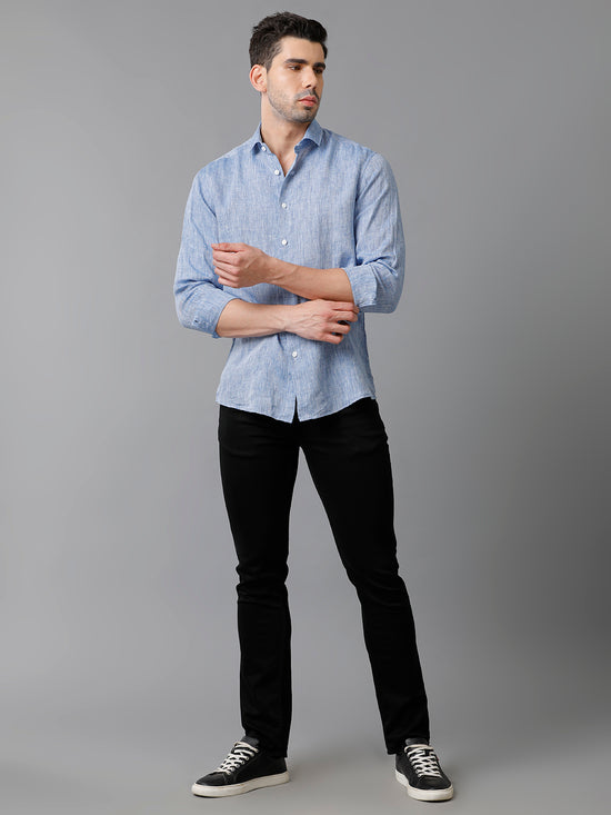 Mens Regular Fit Solid Blue Casual Linen Shirt