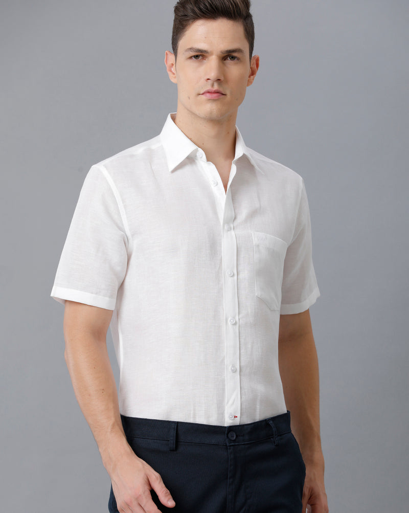 Mens Regular Fit Solid White Casual Cotton Linen Shirt