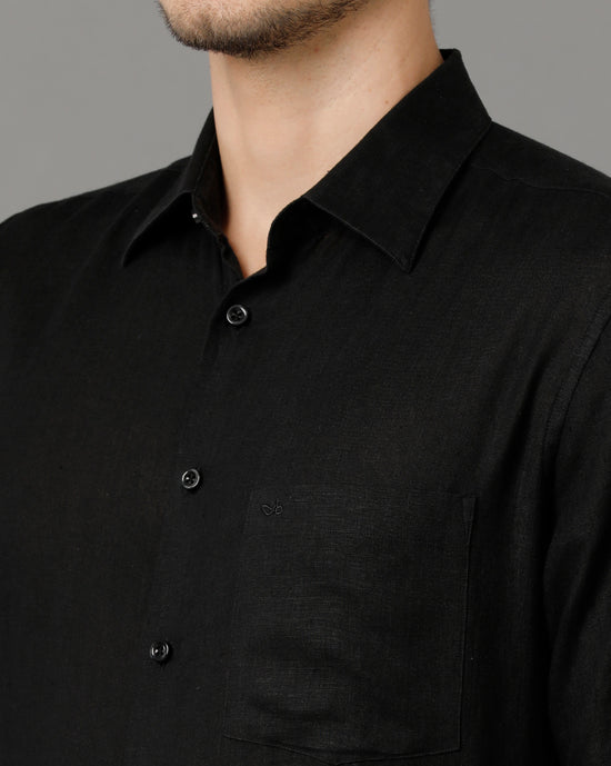 Mens Regular Fit Solid Black Casual Linen Shirt