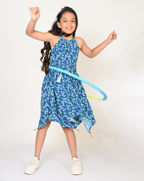 Sassy Boho Girls Blue Hanky hem Dress from the sibling collection