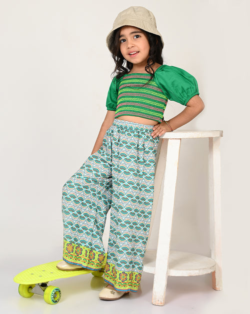 Sassy Boho Girls Green crop Top with pants set from the sibling collection
