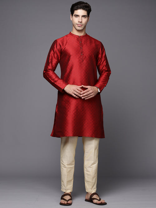 Indo Era Maroon Solid Silk Blend Straight Kurtas