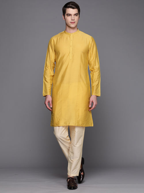 Indo Era Yellow Solid Cotton Straight Kurtas