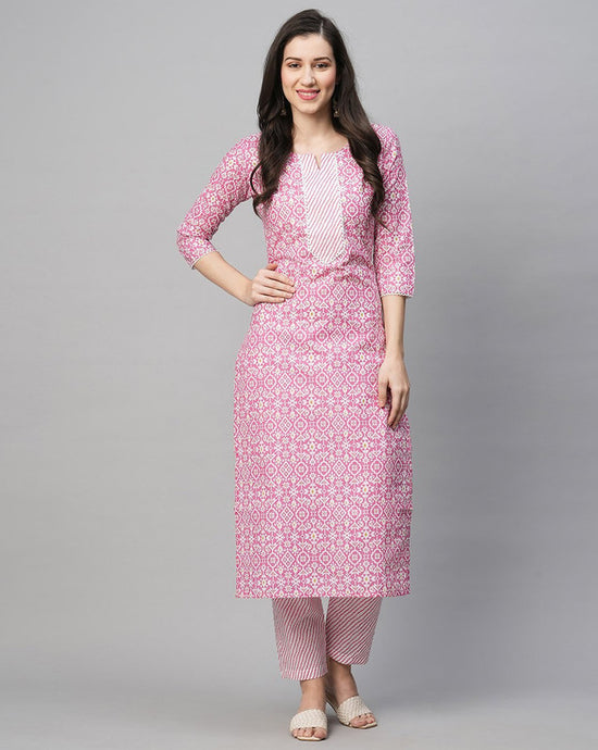 Navyaa Women's Printed Pink Cotton Blend Kurta Pant Set