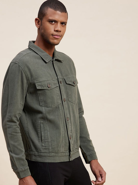 Men's Olive Solid Denim Jacket