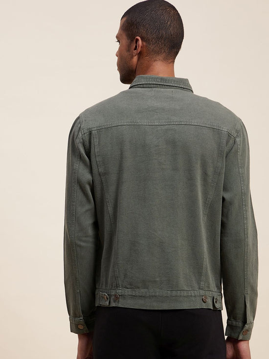 Men's Olive Solid Denim Jacket